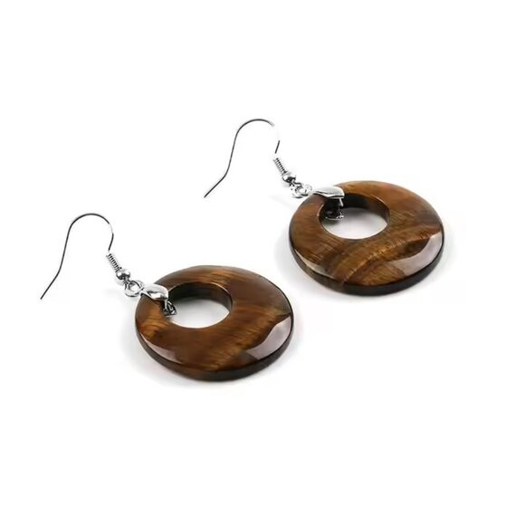 Tiger Eye Natural Stone Gemstone Round Hollow Healing Dangle Earrings - Picture 2 of 2